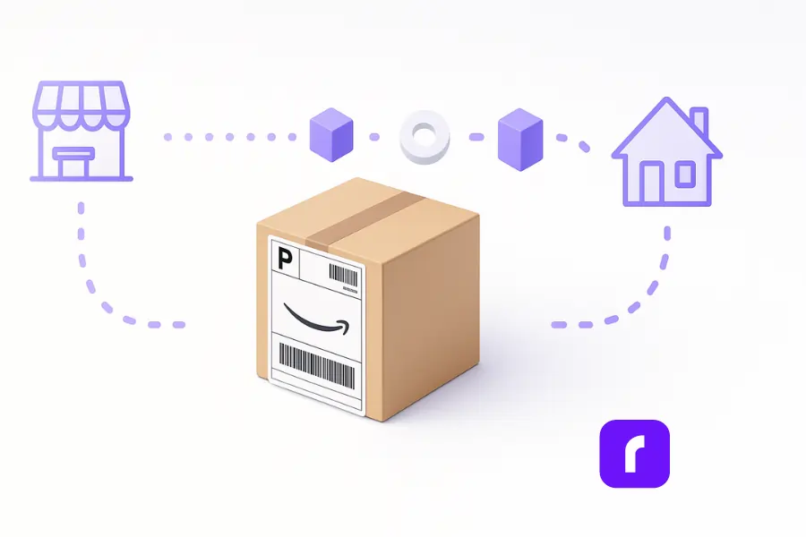 A minimalist 3D illustration showing a cardboard box with an Amazon shipping label traveling along a dotted path from a small business icon to a house icon. The path passes through geometric checkpoints with soft purple accents, representing efficient shipping and package tracking.